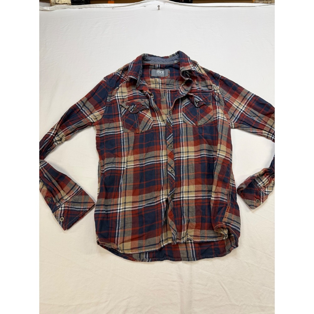 BKE Athletic Fit Mens Plaid Button Down Shirt Red Navy Blue Long Sleeve Medium